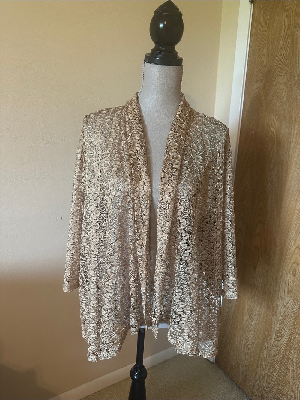 Bon Worth Lace Open-Front Jacket in gold lace 2x
